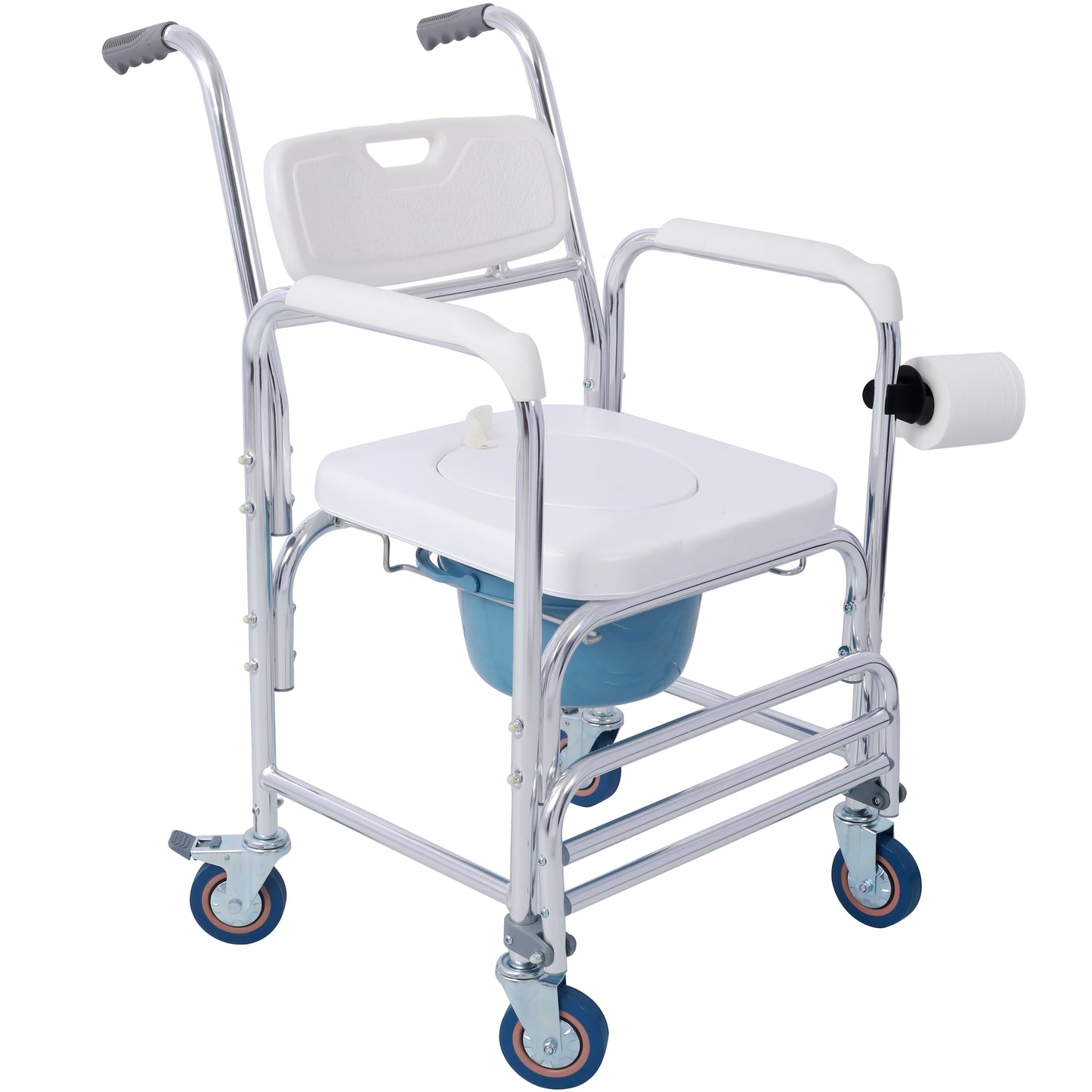 4 in 1 Bedside Commode Chair, Transport Shower Wheelchair Toilet Rolling Transport Chair with 4 Brakes Casters,Tissue Holder,Crutch Holder for Elderly Injured and Disabled