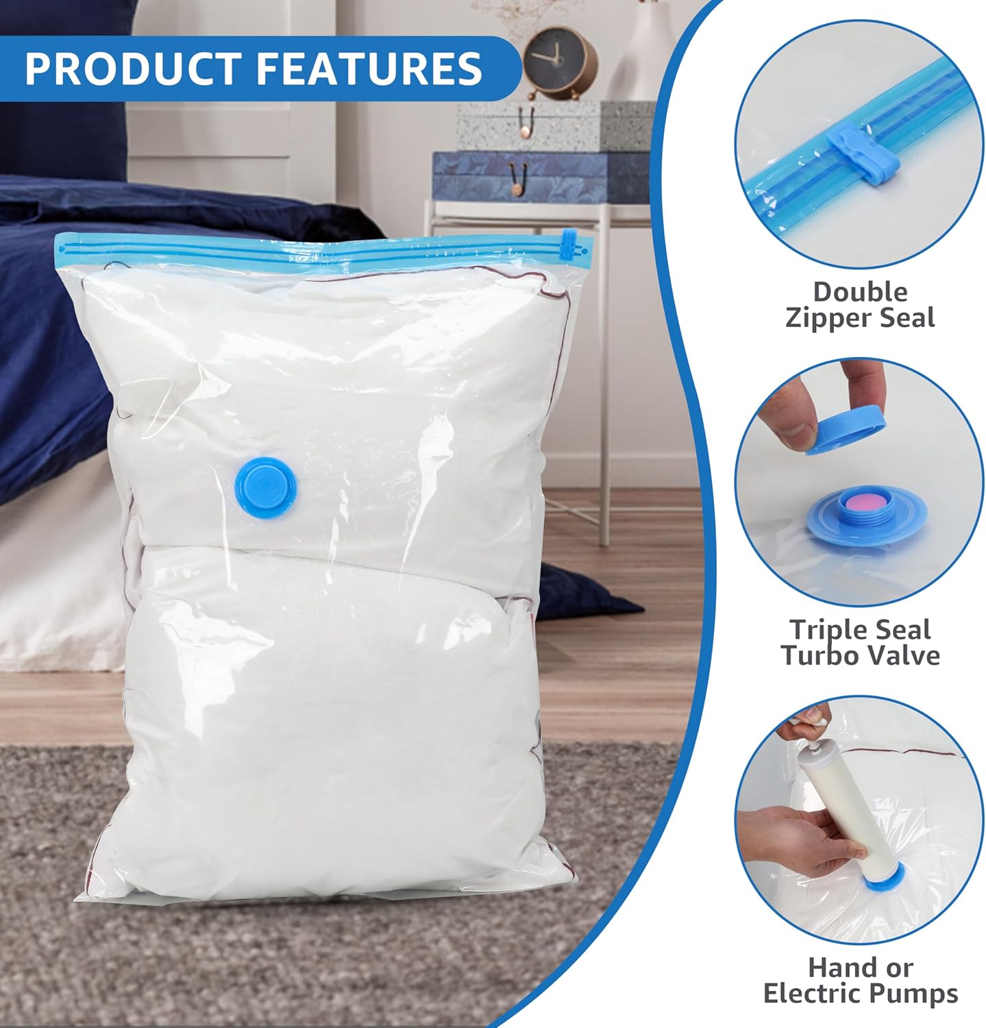 32 Pack Vacuum Storage Bags (5 Jumbo/5 Large/6 Medium/6 Small/5 Roll M/5 Roll S) Space Saver Bags, Vacuum Seal Bags with Hand Pump for Comforters, Blankets, Bedding, Pillows and Clothes