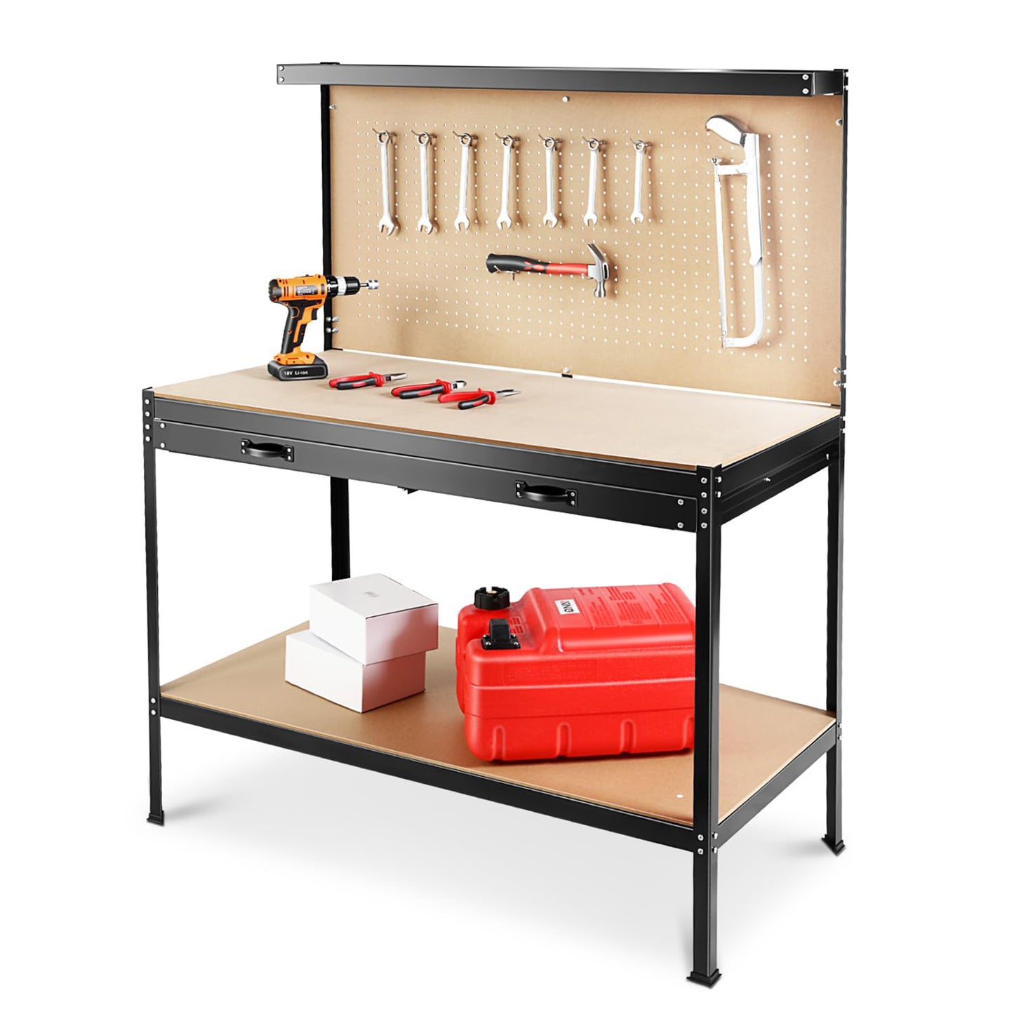 63" Tools Cabinet Working Tables Workbench Tool Storage Workshop Table with Drawers and Pegboard