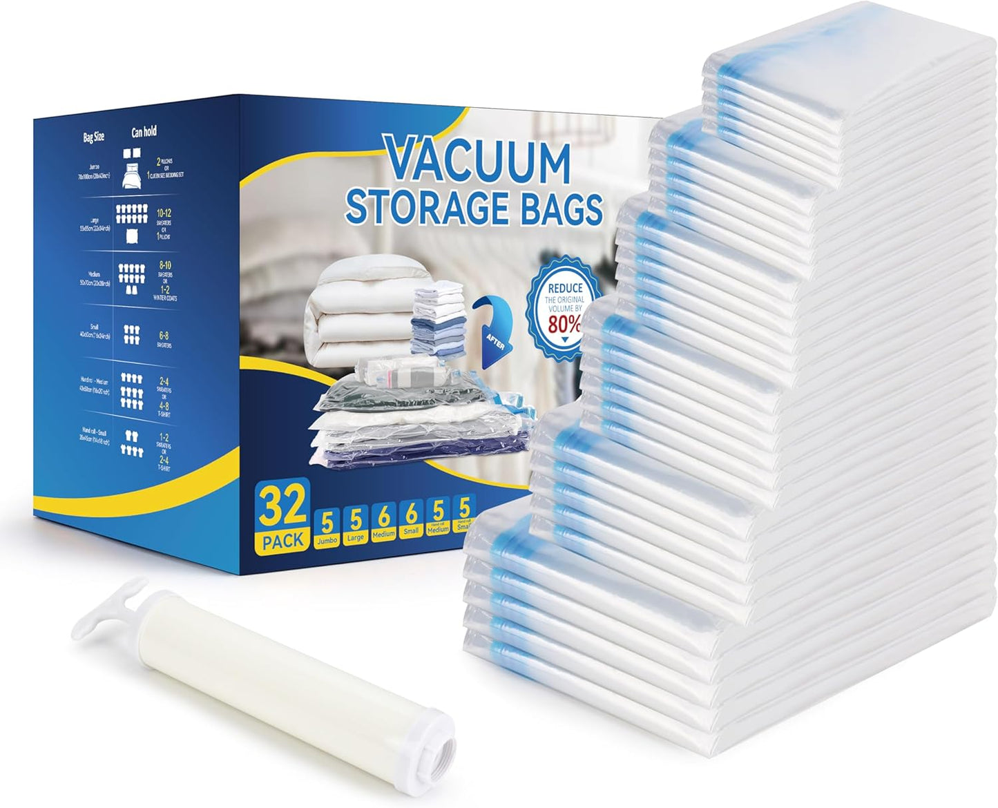 32 Pack Vacuum Storage Bags (5 Jumbo/5 Large/6 Medium/6 Small/5 Roll M/5 Roll S) Space Saver Bags, Vacuum Seal Bags with Hand Pump for Comforters, Blankets, Bedding, Pillows and Clothes